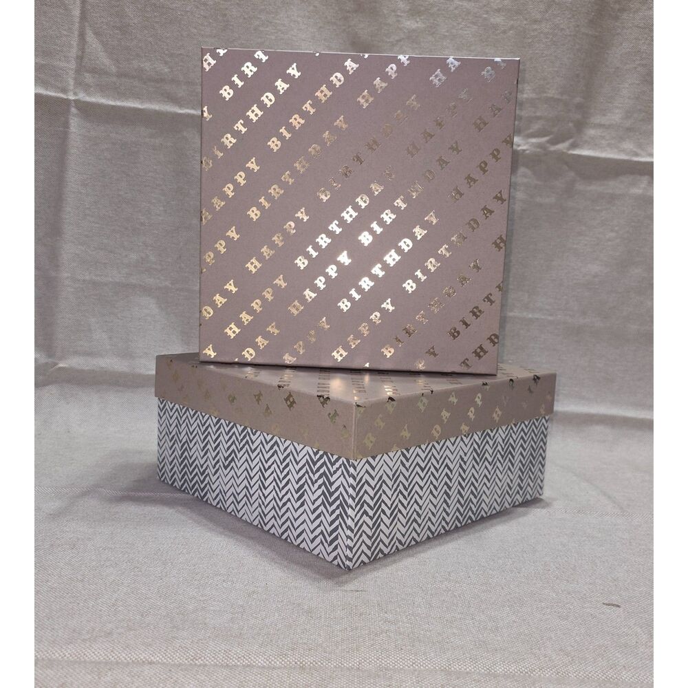 NIB Set of 2 Spritz 10" Hard-Sided Gift Boxes Gold Foil Birthday & Gray Chevron